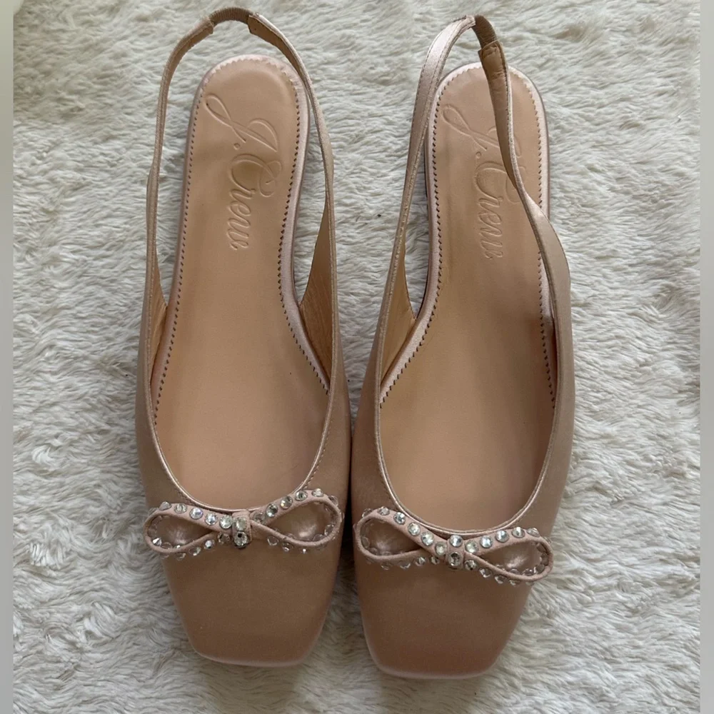 J. Crew Anya Slingback Blush Pink Satin Crystal Bow NWT